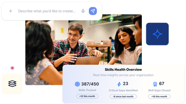 Business team collaborating with AI-powered skills management platform dashboard highlighting skills progress and gap reduction.